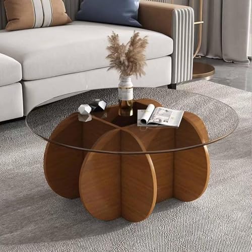 Couchtisch Aus Holz Mit Runder Glasplatte, Rustikaler Mitteltisch For Das Wohnzimmer, Minimalistischer Cocktail-/Teetisch Aus Holz Im Industriellen Stil, Rustikales Braun(Walnut+Transparent) von NZVZGKTNTW