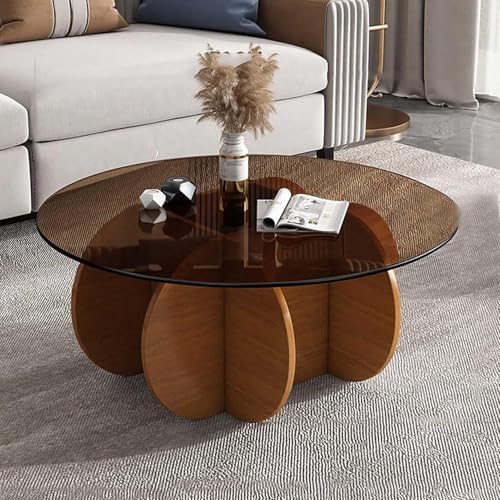 NZVZGKTNTW Couchtisch Aus Holz Mit Runder Glasplatte, Rustikaler Mitteltisch for Das Wohnzimmer, Minimalistischer Cocktail-/Teetisch Aus Holz Im Industriellen Stil, Rustikales Braun(Walnut+Brown) von NZVZGKTNTW