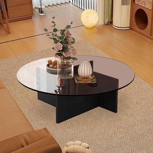 NZVZGKTNTW Couchtisch Mit Glasplatte, Runde Couchtische for Das Wohnzimmer, Teetisch Mit Holzsockel, Kleiner Mitteltisch Aus Der Mitte des Jahrhunderts, 31,5 Zoll(Black+Brown) von NZVZGKTNTW