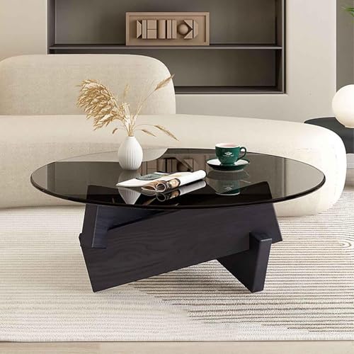 NZVZGKTNTW Couchtisch for Wohnzimmer, Bauernhaus-Mitteltische Aus Holz, Runder Glastisch Mit Tischplatte Aus Der Mitte des Jahrhunderts, Einfacher Zusammenbau(Black) von NZVZGKTNTW