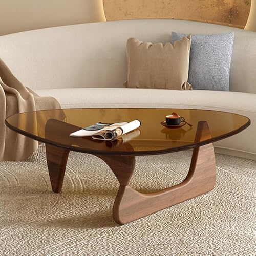 NZVZGKTNTW Dreieckiger Couchtisch Aus Der Mitte des Jahrhunderts Mit Beinen Aus Massivholz Und 8 Mm Starker Platte Aus Gehärtetem Glas, Beistelltisch Und Cocktailtisch(Walnut+b,44.8x32.2x15.7in) von NZVZGKTNTW