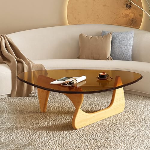 NZVZGKTNTW Dreieckiger Tisch Mit Glasplatte – Moderner Abstrakter Couchtisch Im Mid-Century-Stil Mit Holzsockel, Kleine Mitteltische for Wohnzimmer, Home Office Und Apartment(Brown-Natural) von NZVZGKTNTW