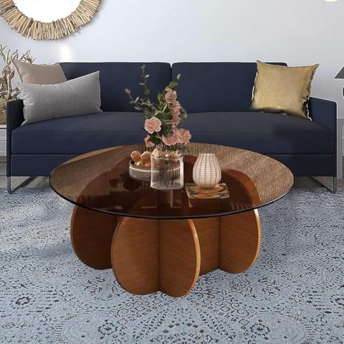 NZVZGKTNTW Kleiner Couchtisch - Niedriger Tisch Aus Der Mitte des Jahrhunderts Mit Holzrahmen Und Tischplatte Aus Gehärtetem Glas, Wohnzimmer-Esszimmer-Küchenmöbel(Walnut+Brown) von NZVZGKTNTW