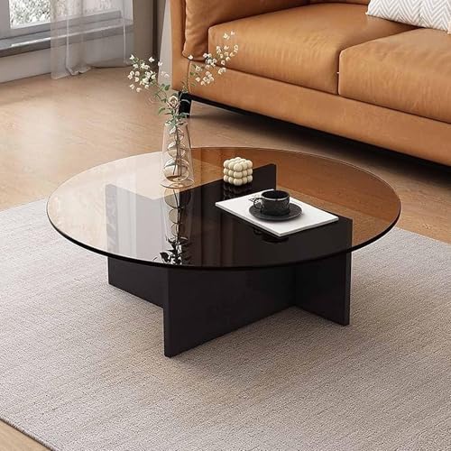 NZVZGKTNTW Runde Couchtische for Das Wohnzimmer, Couchtisch Mit Glasplatte Und Holzsockel, Kleiner Beistelltisch Im Mid-Century-Stil for Arbeitszimmer, Büro, Hotel, Balkon(Black+Brown) von NZVZGKTNTW