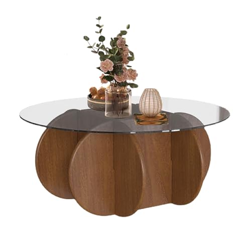 NZVZGKTNTW Runder Couchtisch Fürs Wohnzimmer, 80 X 80 X 40 cm, Retro-Mitteltisch Mit Gehärtetem Glas, Einzigartiger Runder Tisch Mit Stabilen Holzbeinen Fürs Home Office(Walnut+Transparent) von NZVZGKTNTW