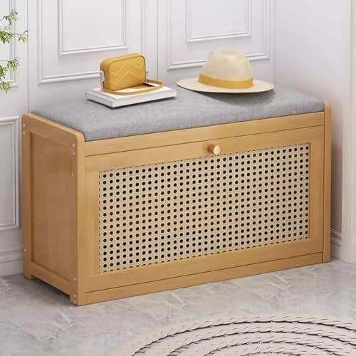 NZVZGKTNTW Schuhbank Aus Bambus-Rattan Mit Kissen, Kleines Schuhregal, Schuhschrank, for Eingangsbereich, Flur, Haustür, Mit Klappschubladen(Brown,27.55x9.84x17.71in) von NZVZGKTNTW