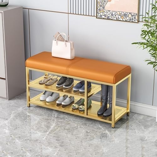 NZVZGKTNTW Schuhregalbank Im 2. Stock, Gepolsterter Schuhregal-Organizer Mit Gepolstertem Sitz Aus PU-Leder Und Metallbeinen, for Eingangsbereich, Flur, Wohnzimmer(Orange Gold Leg,80cm) von NZVZGKTNTW