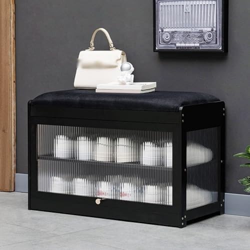 NZVZGKTNTW Schuhregalhocker Aus Bambus Mit Klapptüren for Wohnzimmer, Schlafzimmer, Flur, Foyer, Mit Abnehmbarem Kissen, Acrylfenster, Moderne Zweistöckige Eingangsbank(Black) von NZVZGKTNTW