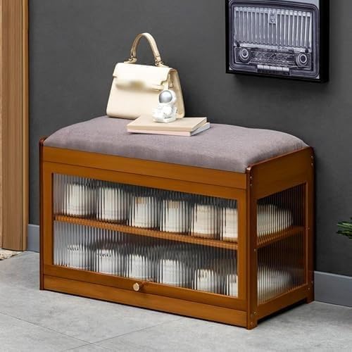 NZVZGKTNTW Schuhregalhocker Aus Bambus Mit Klapptüren for Wohnzimmer, Schlafzimmer, Flur, Foyer, Mit Abnehmbarem Kissen, Acrylfenster, Moderne Zweistöckige Eingangsbank(Brown) von NZVZGKTNTW