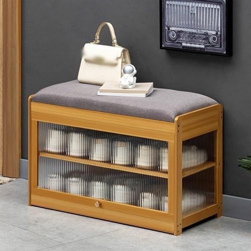 NZVZGKTNTW Schuhregalhocker Aus Bambus Mit Klapptüren for Wohnzimmer, Schlafzimmer, Flur, Foyer, Mit Abnehmbarem Kissen, Acrylfenster, Moderne Zweistöckige Eingangsbank(Yellow) von NZVZGKTNTW
