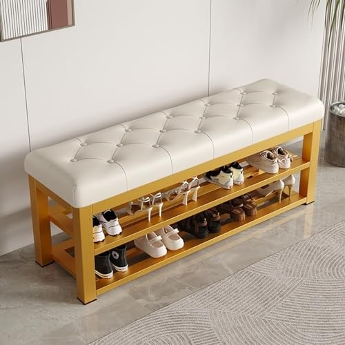Schuhwechselbank Mit Gepolsterter Sitzfläche + Metallrahmen, Schlafzimmer, Wohnzimmer, Eingangsbereich, Flur, 2-stufiger Schuhregal-Organizer, Kunstlederbank Mit Metallbasis(Gold 2,100cm/39.4in) von NZVZGKTNTW