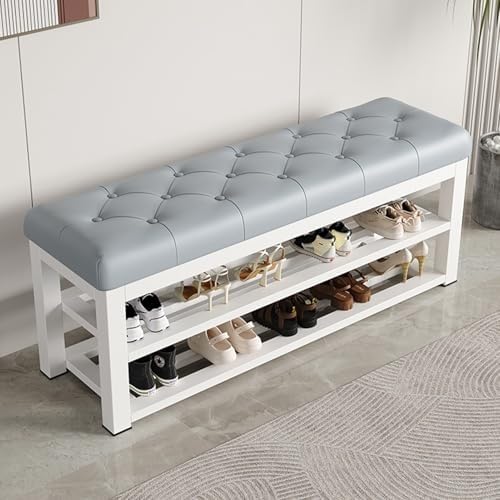 Schuhwechselbank Mit Gepolsterter Sitzfläche + Metallrahmen, Schlafzimmer, Wohnzimmer, Eingangsbereich, Flur, 2-stufiger Schuhregal-Organizer, Kunstlederbank Mit Metallbasis(White 2,80cm/31.5in) von NZVZGKTNTW