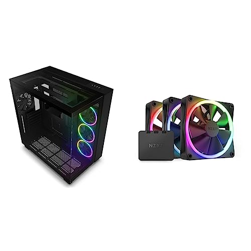 Bundle mit NZXT H9 Elite PC Gaming Gehäuse - Airflow Mesh Front - Extra GPU Lüfter - USB C & NZXT F120 RGB Dreierpackung – 3x120 mm RGB-Lüfter – 18 LEDs – Halbtransparente Lüfterblätter – Schwarz von NZXT