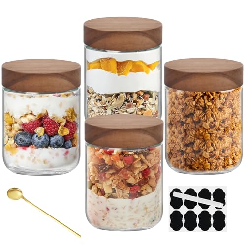 NZZVNZ 4 Pack Overnight Oats Gläser, 480ml Vorratsgläser mit Deckel, Etiketten und Löffeln, 16oz wiederverwendbare Joghurtgläser Gewürzgläser für Küche von NZZVNZ