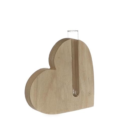 NaDeco Deko Herz mit Reagenzglas 14x 2,8 x 13 cm | Deko Vase | Dekovase mit Holzständer | Holz-Herzvase | Holz-Herzvase | Tischdeko Valetinstag | Hochzeitsdeko von NaDeco