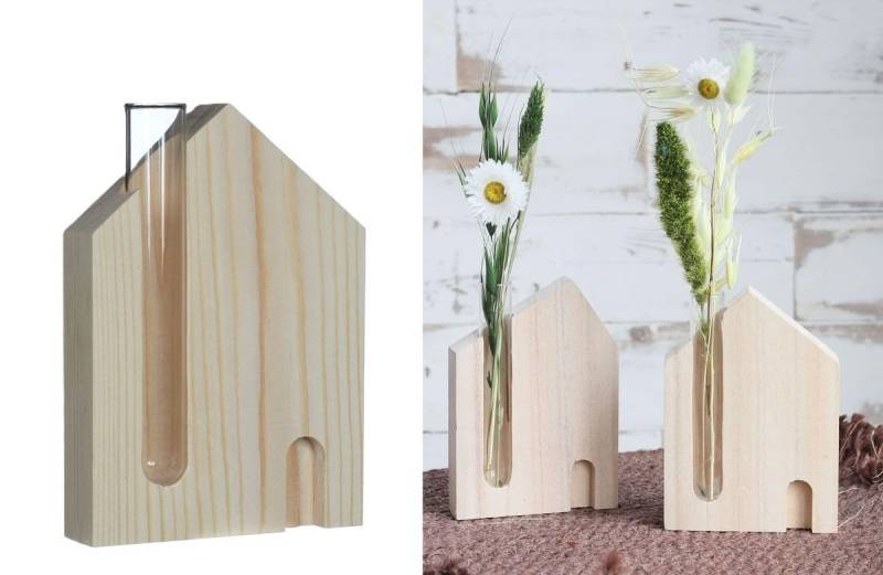 NaDeco Bastelnaturmaterial Holz-Haus mit kleiner Glasvase 10 x 3 x 14 cm von NaDeco