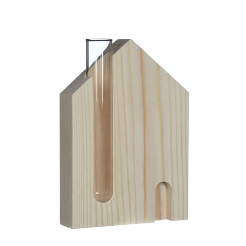 NaDeco Holz-Haus mit Kleiner Glasvase 10 x 3 x 14 cm| Deko Vase | Dekovase mit Holzständer | Holz-Vase | Holz-Haus Vase | Tischdeko von NaDeco