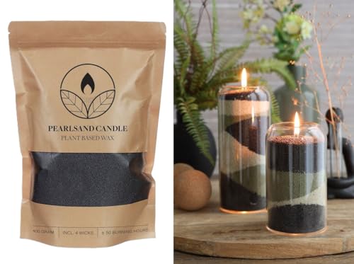 NaDeco Kerzensand mit 4 Dochten, 400g, wählbar in 7 Farben, DIY Set | Wachsgranulat | Pflanzliches Kerzenwachs | Kerzen selber Machen | Kezenwachs-Perlen mit Docht, Farbe:Schwarz von NaDeco