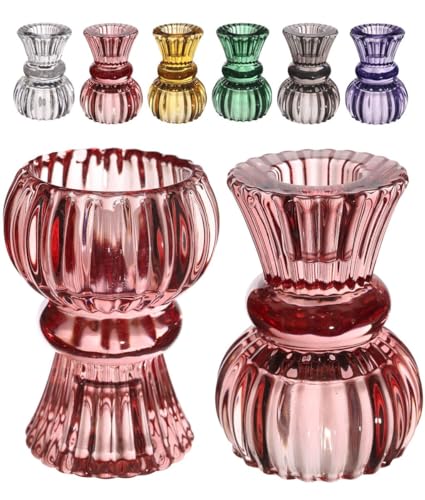 NaDeco Wendbarer Kerzenhalter aus Glas, Größe Ø6 x H.8 | Duo-Kerzenhalter für Stabkerzen 2cm und 4cm | Kerzenständer | Kerzenhalter für Ihre Tischdekoration zur Hochzeit, Farbe:Rot von NaDeco