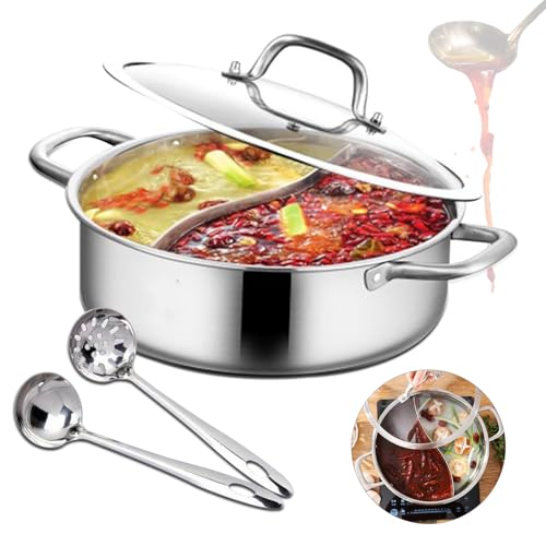 Hot Pot Cooker 32 cm Edelstahl Mandarin Duck Pot Suppe Kochwerkzeug Chinesischer Hotpot für Induktionsherd Gasherd + 2 Suppenkellen + 1 Deckel aus verdicktem gehärtetem Glas von NaMaSyo