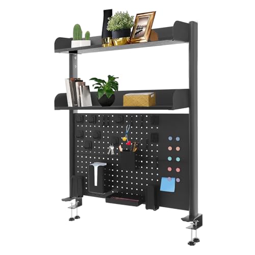 Klemmbare Schreibtisch-Stecktafel 2-Ebenen Büro-Computertisch Zubehör Organizer Groß Pegboard Wand Organizer Arbeitsplatte Clip-on-Bücherregal für Büro, Gaming, Zuhause (Schwarz, 95 * 80 * 14.5cm) von NaMaSyo