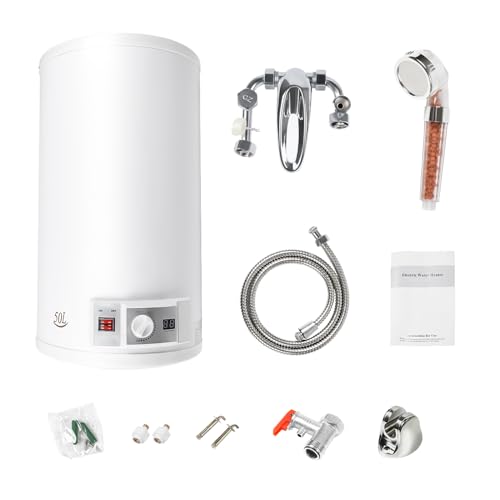 NaMaSyo Elektrospeicher Warmwasserspeicher 50L 2000W Wasserboiler Durchlauferhitzer Warmwasserboiler Wandhängend Heizung Speicher Boiler mit Duscheinheit und Schlauch von NaMaSyo