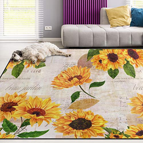 Naanle Rutschfester Teppich mit Sonnenblumen-Motiv, für Wohnzimmer, Esszimmer, Schlafzimmer, Küche, 150 x 200 cm, Vintage-Blumenmuster, für Kinderzimmer, Yogamatte von Naanle