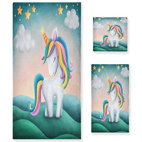 Naanle Star Regenbogen Einhorn Handtuch 3-teiliges Set Badetuch Set für Badezimmer Hochsaugfähige Baumwolle, großes Badetuch + Handtuch + Waschlappen 3 Stück weiche Handtücher für Dekoration von Naanle