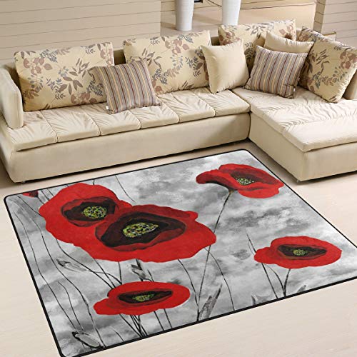 Naanle Teppich mit Blumenmuster, rutschfest, für Wohnzimmer, Esszimmer, Schlafzimmer, Küche, 150 x 200 cm, Mohnblumen-Teppich von Naanle