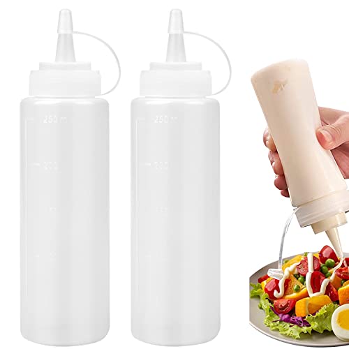 2 Stück Plastik Squeeze Flasche, Quetschflasche Mit Kappen, 8oz Kein Leck Condiment Flaschen für Malen,Backen,Ketchup,scharfe Soße,Olivenöl, Saucenflasche(Transparent, 250ML) von Naapesi
