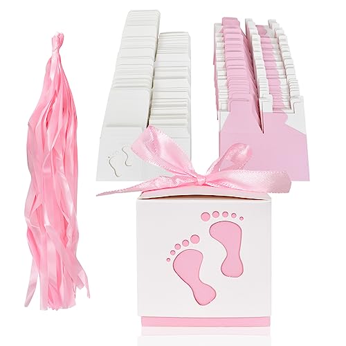 50 Stück Geschenkbox, Süßigkeit Kästen Gastgeschenk Box, Neugeborene Baby Taufe Box Mit Band Party Favor Boxen für Babydusche Kinder Geburtstag, Hochzeit, Taufe Geburt Party (Rosa) von Naapesi