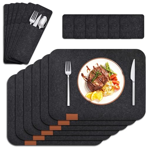 18 er Set Tischset Platzset, 41x30cm Eckige Platzdeckchen, Abwaschbar Platzsets aus Filz, Placemat mit Glasuntersetzer und Bestecktaschen, Hitzebeständig Tischsets für Küche, Speisetisch (Dunkelgrau) von Naapesi