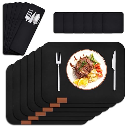 18 er Set Tischset Platzset, 41x30cm Eckige Platzdeckchen, Abwaschbar Platzsets aus Filz, Placemat mit Glasuntersetzer und Bestecktaschen, Hitzebeständig Tischsets für Küche, Speisetisch (Schwarz) von Naapesi