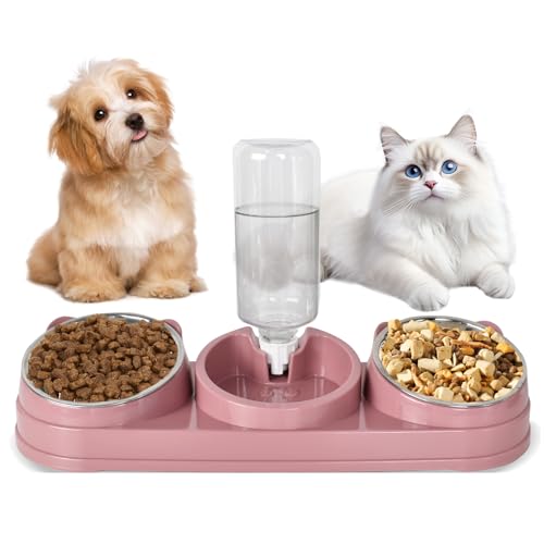 Katzenfutter und Wassernap Set – 3-in-1 Doppelnapf Katzennapf mit 500ml Wasserflasche, Nass und Trockentrennung, Schräger Erhöhter Futterplatz, Metallnapf für kleine und mittelgroße Hunde (Pink) von Naapesi