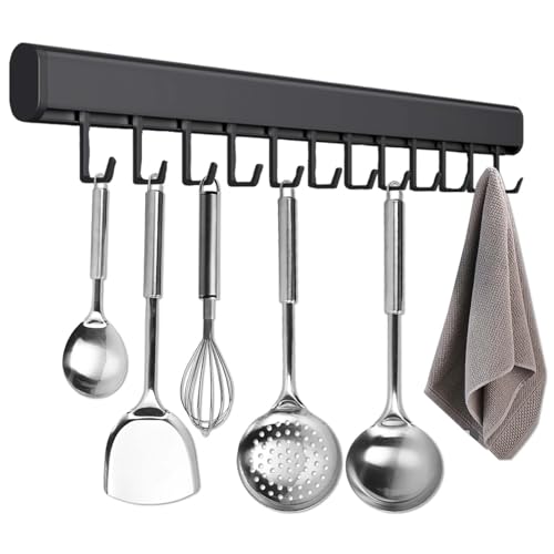 Naapesi Hakenleiste Küche Ohne Bohren, 50CM Küchenleiste Selbstklebend mit 10 Beweglichen Haken, Küchenstange Küchenreling aus Aluminium für Küchenutensilien, Schwarz, Platzsparender Utensilienhalter von Naapesi