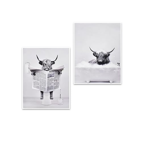 Naapesi Highland Cow Leinwand-Wandkunst, Schwarz-Weiß-Badezimmer-Wandkunst-Poster, ungerahmte Leinwand (21x30cm) von Naapesi