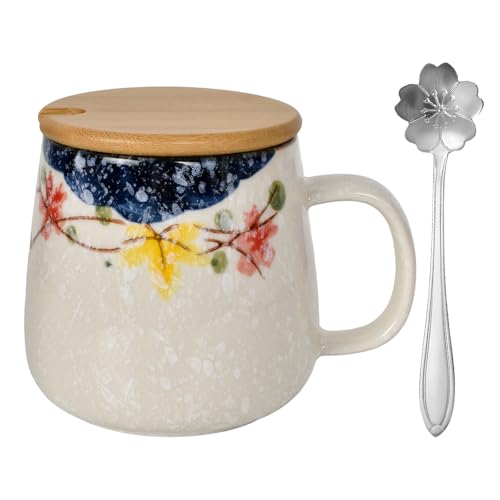 Süße Keramikkaffeetasse, 380ML Kaffee-Milch-Tee-Becher, Kaffeetassen mit Deckel & Löffel, Keramik Tasse mit Griff für Sicher, Morning Cup Kaffee, Tee, Wasser, für Büro, Zuhause, Geschenk (Blume) von Naapesi