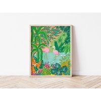 Flamingo Kunstdruck, Pinker Flamingo, Vögel Vogel Druck, Für Vogelliebhaber, Dschungel Maximalist Kunst, Pflanze Wohndekor, Sie von NabeelaRumi