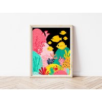 Kunstdruck Unter Dem Meer, 100% Baumwolle Fine Art Papier, Bunte Meeresszene, Kinderzimmer Wanddekoration, Muttertag Für Mutter von NabeelaRumi