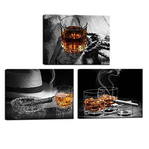 Nachic Wall - Leinwanddrucke mit Whisky-Zigarre in Schwarz und Weiß Backgaroud Bilder Gemälde Vintage Western Wall Decor für Küche Bar Pub Galerie Leinwand fertig zum Aufhängen von Nachic Wall