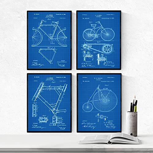 Nacnic BLAU Fahrrad Patent Poster 4er-Set. Vintage Stil Wanddekoration Abbildung von Sports und Alte Erfindungen. Verschiedene atletische Fitness Bilder ohne Rahmen. Größe A4. von Nacnic