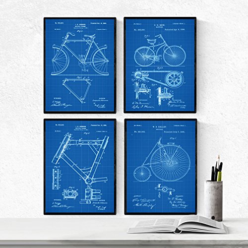 BLAU - Nacnic Fahrrad Patent Poster 4er-Set. Vintage Stil Wanddekoration Abbildung von Sports und Alte Erfindungen. Verschiedene atletische Fitness Bilder ohne Rahmen. Größe A4. von Nacnic