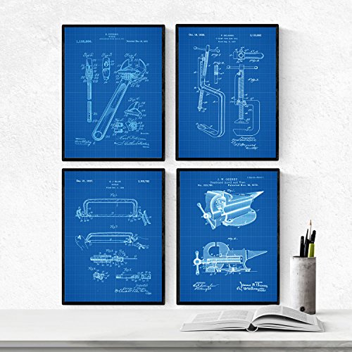 BLAU - Pack mit 4 Poster mit Patenten Werkzeuge 2. Plakate mit Erfindungen und alte Patente. Wählen Sie die Farbe, die Sie mögen. von Nacnic