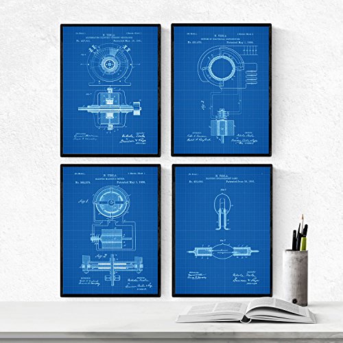 BLUE - Packung mit 4 Blatt mit Patenten Strom. Stellen Sie Plakate mit Erfindungen und alten Patenten. Wählen Sie die Farbe, die Sie mögen. Gedruckt auf hochwertigen 250 Gramm. Nacnic von Nacnic