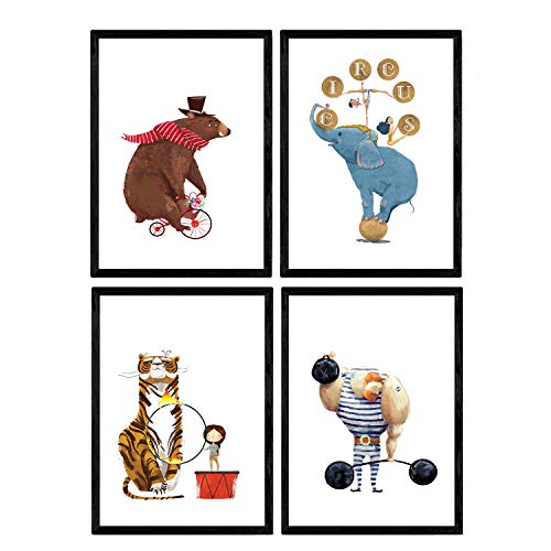 Nacnic Circus Poster mit Abbildungen. Strongman Bär Fahrrad acrobata und leon Elefant. Kinder im Zirkus. Dekorplatten. A4-Format von Nacnic