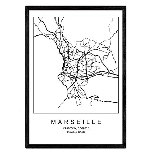 Nacnic Drucken Marseille Stadtplan nordischen Stil schwarz und weiß. A3 Größe Plakat Das bedruckte Papier Keine 250 gr. Gemälde, Drucke und Poster für Wohnzimmer und Schlafzimmer von Nacnic