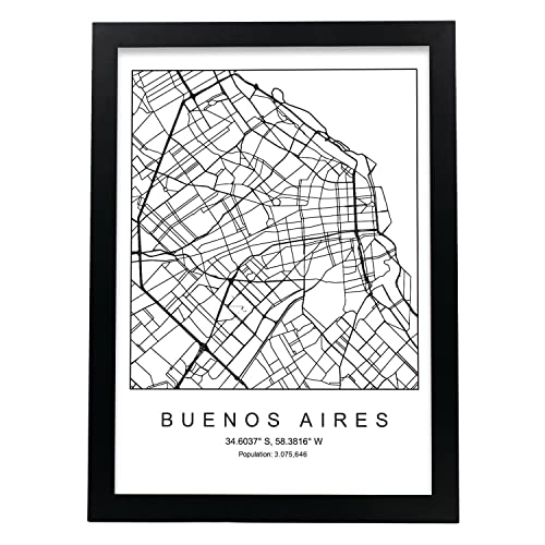 Karte der Stadt Buenos Aires Nordic Style in Schwarzweiß. Poster A3 Größe mit schwarzem Rahmen gedruckt Papier 250 gr. Bilder, Bettwäsche und Poster für Salon und Schlafzimmer von Nacnic