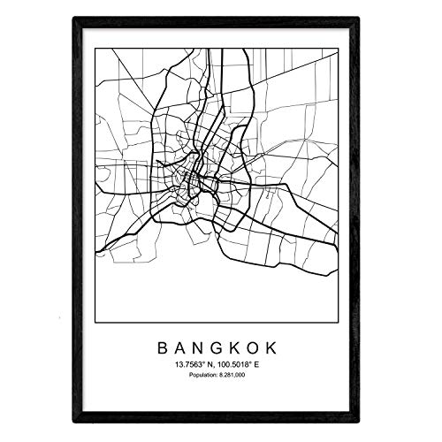 Karte der Stadt Karte Bangkok Nordic Style in Schwarzweiß. Poster A4 mit schwarzem Rahmen gedrucktes Papier 250 gr. Bilder, Bettwäsche und Poster für Salon und Schlafzimmer von Nacnic