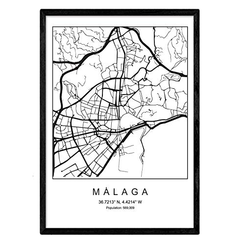 Karte der Stadt Malaga Malaga Nordic Style IN Black UND White. Poster A4 mit schwarzem Rahmen gedrucktes Papier 250 gr. Bilder, Bettwäsche und Poster für Salon und Schlafzimmer von Nacnic