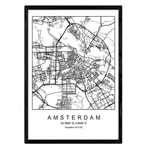 Karte der Stadtkarte Amsterdam Nordic Style in schwarz und weiß. Poster A3 Größe mit schwarzem Rahmen gedruckt Papier 250 gr. Bilder, Bettwäsche und Poster für Salon und Schlafzimmer von Nacnic